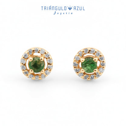 Broqueles Halo de Esmeralda con 0.30 CTS Total y Diamantes con 0.14 CTS Total en Oro Amarillo de 14K