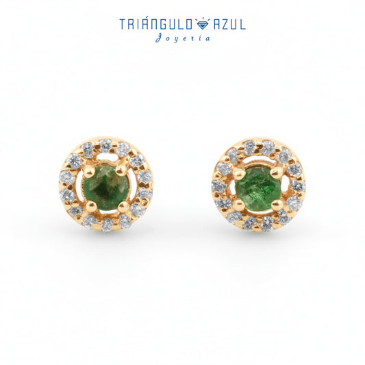 Broqueles Halo de Esmeralda con 0.30 CTS Total y Diamantes con 0.14 CTS Total en Oro Amarillo de 14K