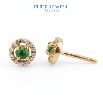 Broqueles Halo de Esmeralda con 0.30 CTS Total y Diamantes con 0.14 CTS Total en Oro Amarillo de 14K