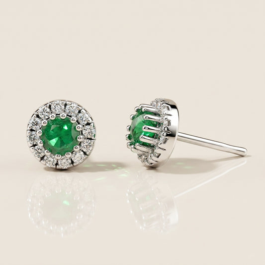 Broqueles de Esmeralda y Diamantes en Oro Blanco de 14K