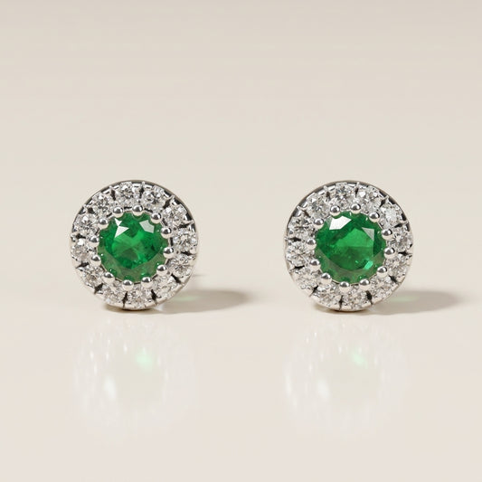 Broqueles de Esmeralda y Diamantes en Oro Blanco de 14K