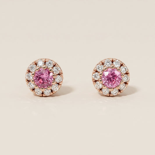 Broqueles de Zafiro Rosa y Diamantes en Oro Rosa de 14K