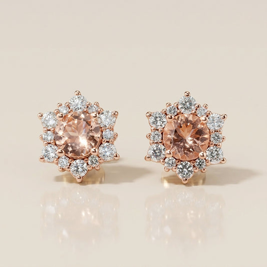 Aretes con Morganita y Diamantes en Oro Rosa de 14K