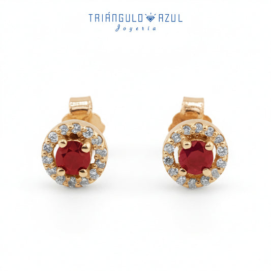Aretes Halo con Rubíes con 0.40 CTS Total y Diamantes con 0.14 CTS Total en Oro Amarillo de 14K