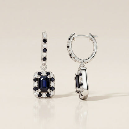 Arracadas con Colgantes con Zafiros y Diamantes en Oro Blanco 14K