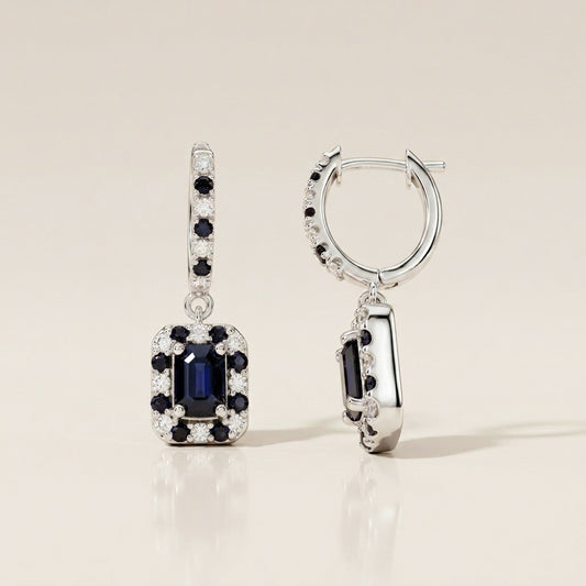 Arracadas con Colgantes con Zafiros y Diamantes en Oro Blanco 14K