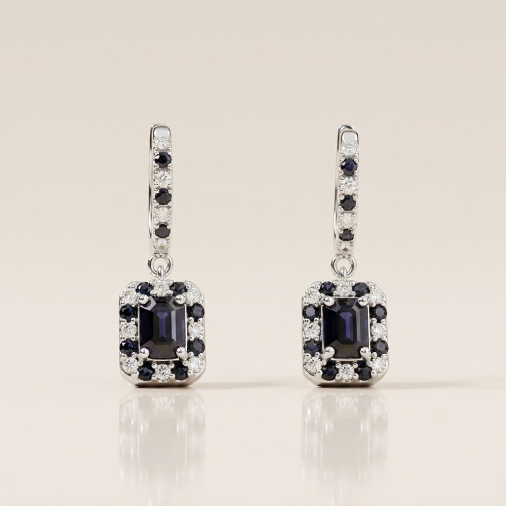 Arracadas con Colgantes con Zafiros y Diamantes en Oro Blanco 14K