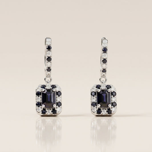 Arracadas con Colgantes con Zafiros y Diamantes en Oro Blanco 14K