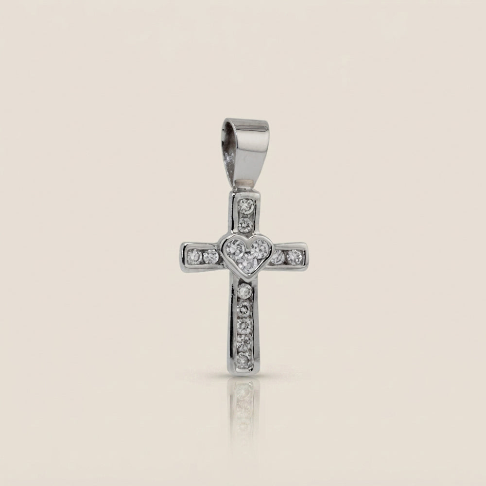 Dije Cruz con Diamantes en Oro Blanco de 14K