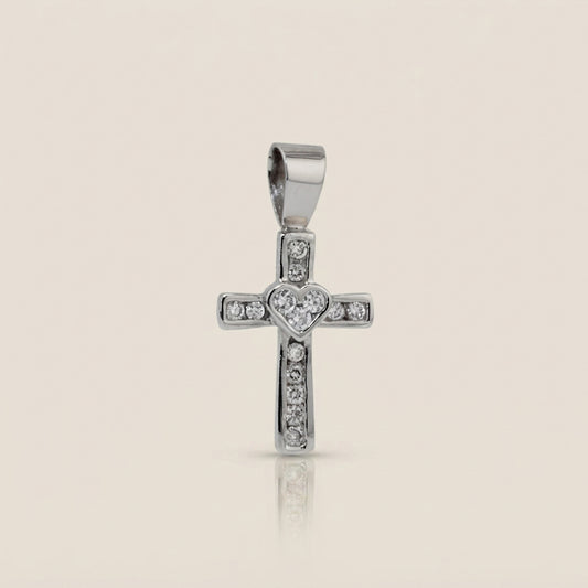 Dije Cruz con Diamantes en Oro Blanco de 14K
